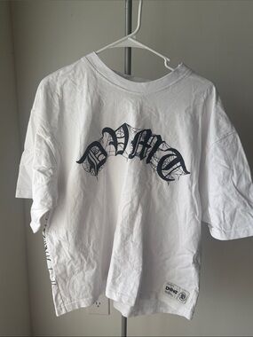 White Short Sleeve Cropped Tee with Black Gothic Arc Logo